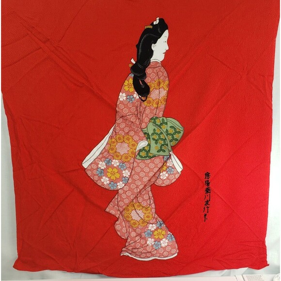 Vintage 1950's Hishikawa Moronobu Japanese Geisha Art Scarf Red Rayon Scarf - Picture 1 of 13